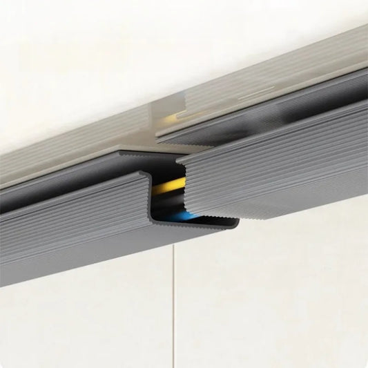 Cross-section of the Under Desk Cable Tray showing the open channel holding multiple cables
