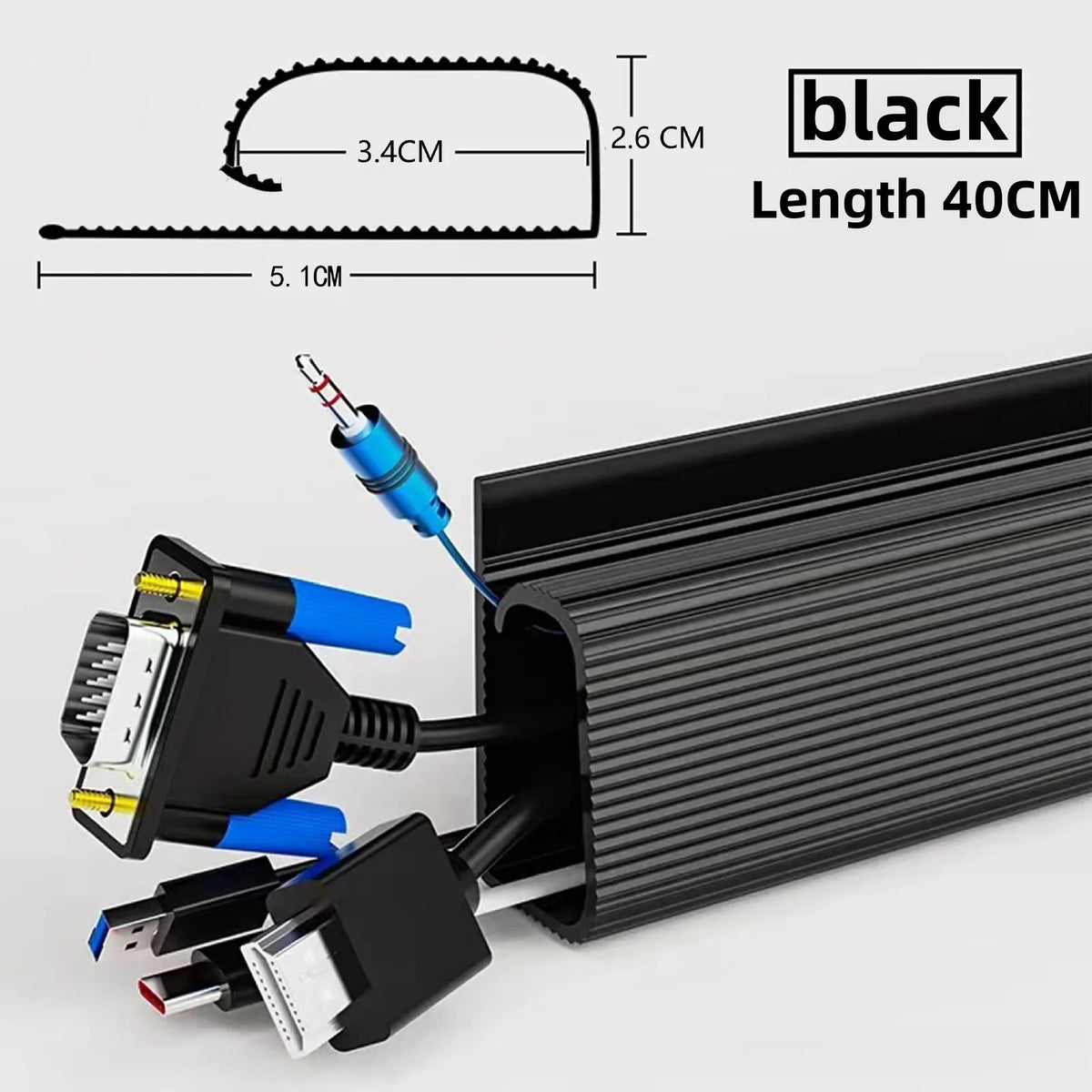 Under Desk Cable Tray in black with dimensions: 5.1cm width, 2.6cm height, 40cm length