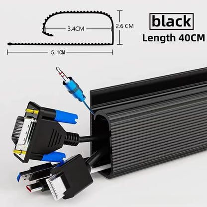 Under Desk Cable Tray in black with dimensions: 5.1cm width, 2.6cm height, 40cm length